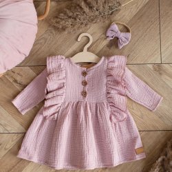 Dievčenské ružové mušelínové šaty s dlhým rukávom
