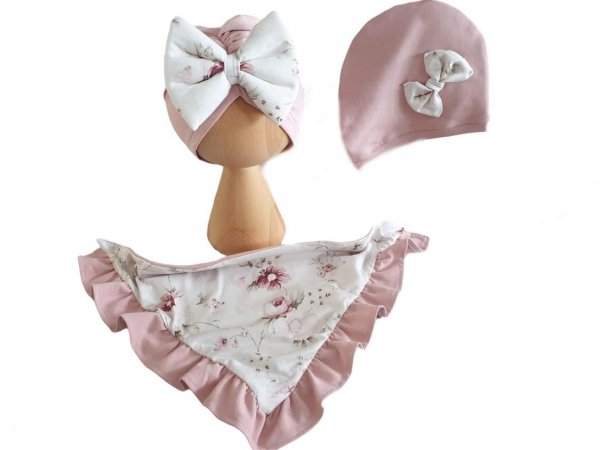 Detská čiapka a šatka - dievčenský set ružový so vzorom VINTAGE