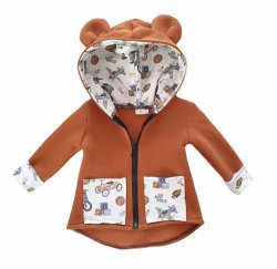 Chlapčenská hnedá prechodná bunda so vzorom hračiek