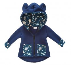 Chlapčenská modrá prechodná bunda so vzorom FLY